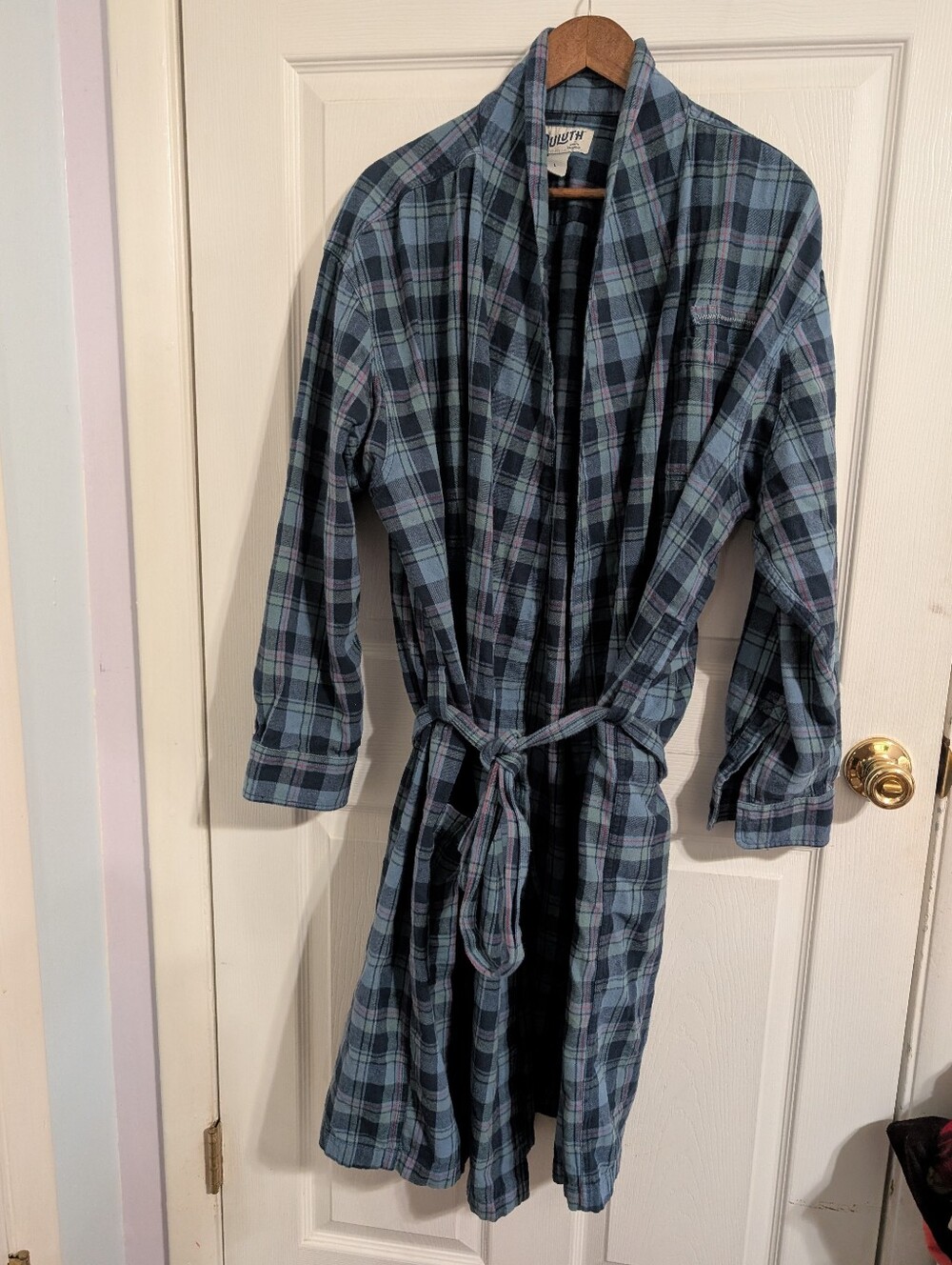 Duluth Trading Co Mens Robe Blue Plaid Cotton Lounge Pajamas Belt Size Large